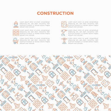 Construction concept with thin line icons: builder in helmet, work tools, brickwork, floor plan, plumbing, drill, trowel, traffic cone, stepladder, jackhammer. Vector illustration, web page template.