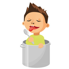 Vector illustration contains dishes for cooking. The boy is sitting in a saucepan and licks a spoon.