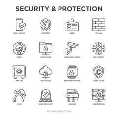 Security and protection thin line icons set: mobile security, fingerprint, badge, firewall, face ID, secure folder, surveillance camera, keyset, shredder, encrypted messaging. Vector illustration.