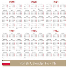 Polish Calendar 2019-2024 / Polish calendar 2019 - 2024, week starts on Monday, simple calendar template for 2019, 2020, 2021, 2022, 2023 and 2024, printable calendar templates, vector illustration
