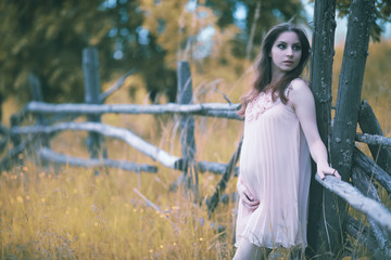 Naklejka premium Pregnant girl in a dress in nature