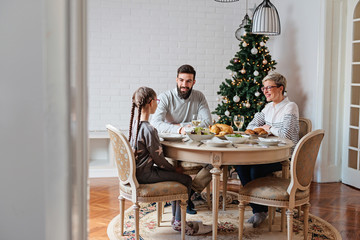 Family of three having lunch for Christmas holidays 