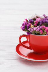 Multicolored statice limonium flowers on white wood. Close up. Table background.