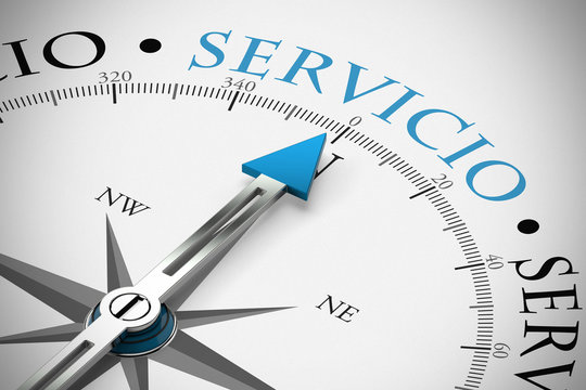 Kompass zeigt auf das Wort Servicio / Service