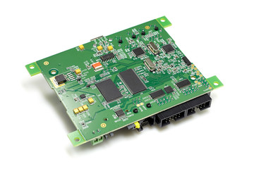 Electronic printed circuit board with chips and other components, green color, back side, angled...