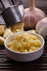 fragrant garlic on a wooden rustic background