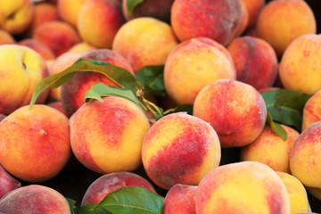 Lot of ripe peaches in the supermarket.