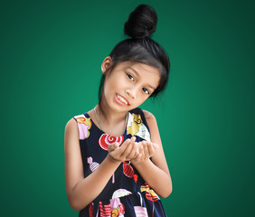 little asian girl smiling and open hand