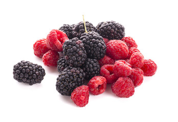 blackberries with raspberries and green leaf isolated on white background. macro