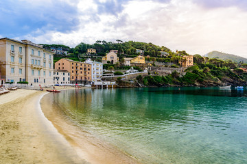 Fototapeta premium Sestri Levante - Paradise Bay of Silence with its boats and its lovely beach. Beautiful coast at Province of Genoa in Liguria, Italy, Europe.