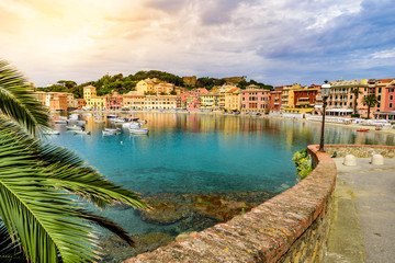 Sestri Levante - Paradise Bay of Silence with its boats and its lovely beach. Beautiful coast at...