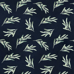 Seamless watercolor olea floral pattern with olives branches and leaves on black background