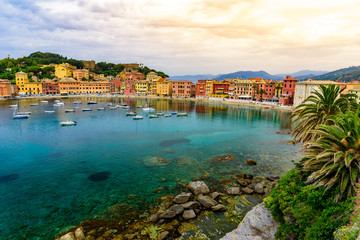 Sestri Levante - Paradise Bay of Silence with its boats and its lovely beach. Beautiful coast at Province of Genoa in Liguria, Italy, Europe.