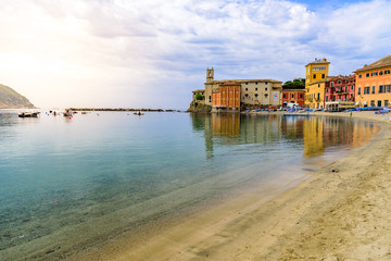 Sestri Levante - Paradise Bay of Silence with its boats and its lovely beach. Beautiful coast at Province of Genoa in Liguria, Italy, Europe. - obrazy, fototapety, plakaty