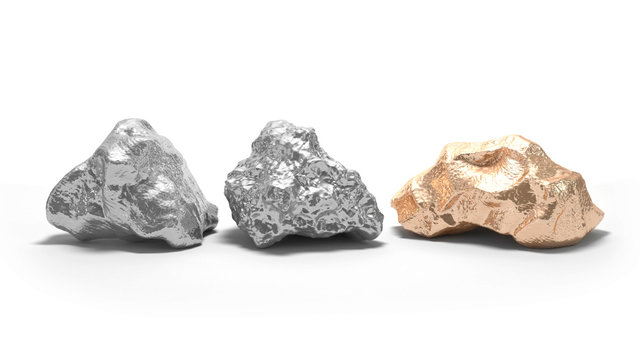 Silver and gold nuggets on a white background. 3d rendering 