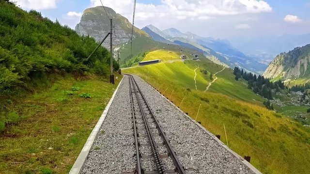 Riding down the cogwheel railway from Rochers de Naye, Switzerland