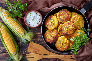corn fritters and yogurt dipping sauce