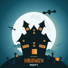 Fototapeta premium Halloween night background with pumpkin and dark castle under the moonlight