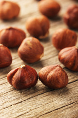 Hazelnuts on wooden table