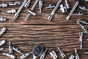 working tools on wooden table background close up,color effect