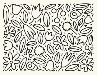 Fototapeta premium Doodle simple vector hand drawn pattern with leafs and flowers. Nature outline background
