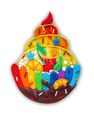 Fruit biscuit cake - basket with whipped cream, molded from plasticine