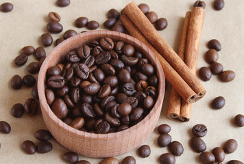 Brown wooden box. Coffee and cinnamon