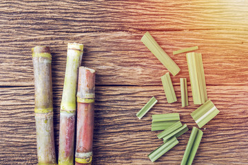 Close up concept sugarcane on wood background.