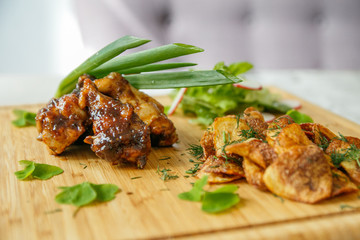 Chicken, chips and salads