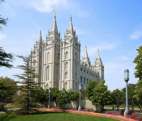 Fototapeta premium Temple Square, a granite structure that took 40 years to complete, and is a popular tourist destination. Temple Square is own by The Church of Jesus Christ of Latter-day Saints, Salt Lake City, Utah.