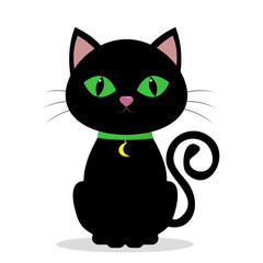 Black cat with green eyes, on the neck of a medolene in the shape of the moon on a green ribbon, isolated on a white background.