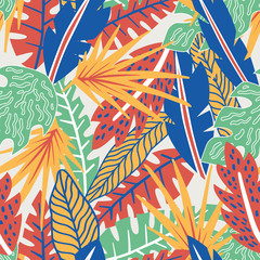 Abstract color tropical leaves seamless pattern