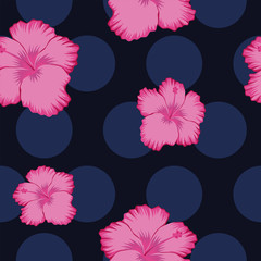 Pink hibiscus abstract seamless blue circles background