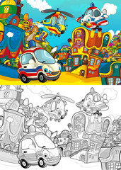 Obraz na płótnie Canvas cartoon scene with different vehicles in the city car and flying machines - ambulance plane and helicopter - with artistic coloring page - illustration for children