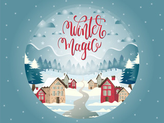 Glass ball with snowy village and Marry Christmas landscape.