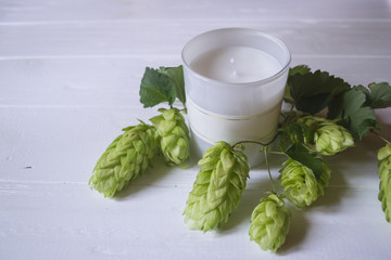 A white aroma candle and the branch of hops as decoration on a white wooden table.