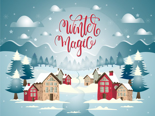 Cartoon illustration with snowy village and Marry Christmas land