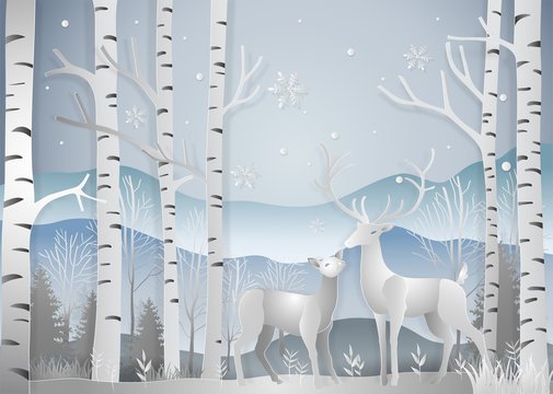 Winter season, Deer in forest landscape with snowflakes and mountains background. paper art and digital craft style. Vector illustration. © small smiles