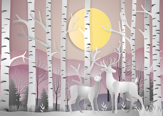 Fototapeta premium Deer in forest landscape at dawn with snowflakes and mountains background. paper art and digital craft style. Vector illustration.