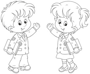 Schoolgirl and schoolboy holding textbooks and waving their hands in greeting, black and white vector illustration in a cartoon style