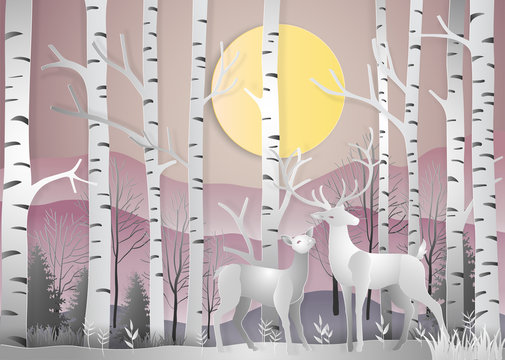 Deer in forest landscape at dawn with snowflakes and mountains background. paper art and digital craft style. Vector illustration. © small smiles