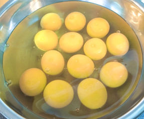 Raw liquid eggs in the mixing bowl.