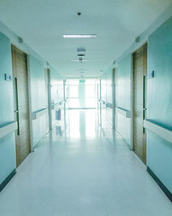 The hospital hallway in light blue color.
