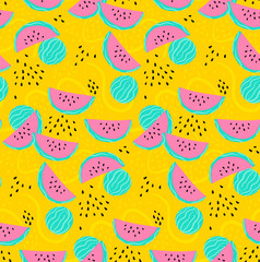 Seamless pattern with watermelon. Watermelones on the yellow background with seeds and lines. Vector fruit summer pattern with pieces of watermelon. Simple repeated background perfect for fabric