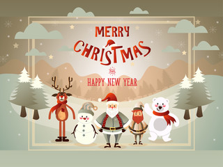Cartoon illustration with cute set of Marry Christmas.