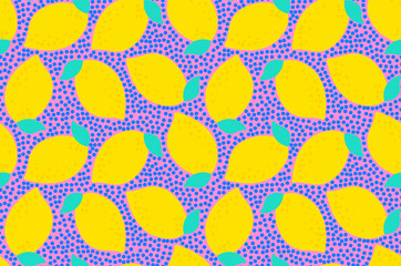 Seamless pattern with lemons. Citrus fruits on the dots background with juicy colors. Vector summer pattern with yellow lemons. Fruit repeated background perfect for fabric, wallpaper, kids goods