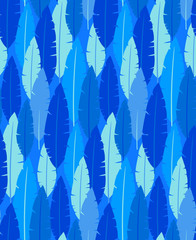 Seamless pattern with blue palm leaves. Repeated jungle leaves on the blue background. Vector summer pattern with tropical leaves. Sipmle background with leaves perfect for fabric, kids goods, cards