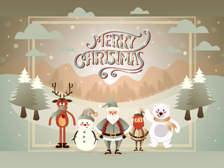 Cartoon illustration with cute set of Marry Christmas.