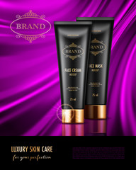 Cosmetic advertising poster with realistic containers for skin care products on purple smooth satin fabric background. Mockup for promoting your brand