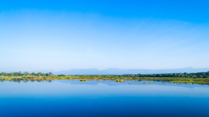 Scenic View Of Lake Against Blue Sky. Beautiful Landscape.